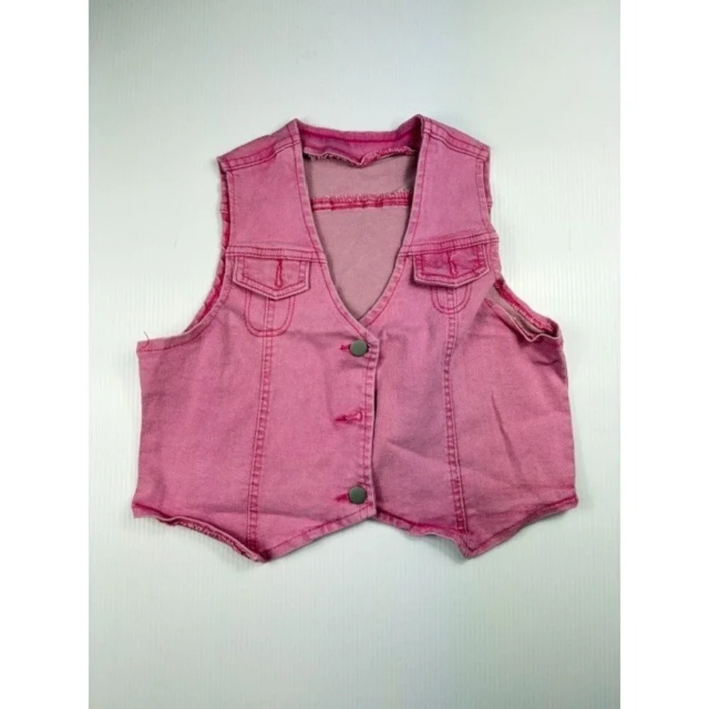 Y2K Pink Denim Two‎ Piece Set Crop Vest Raw Hem Star Cutout Shorts Size Small